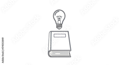 Line art illustration of a book with a lightbulb symbolizing an idea or learning.