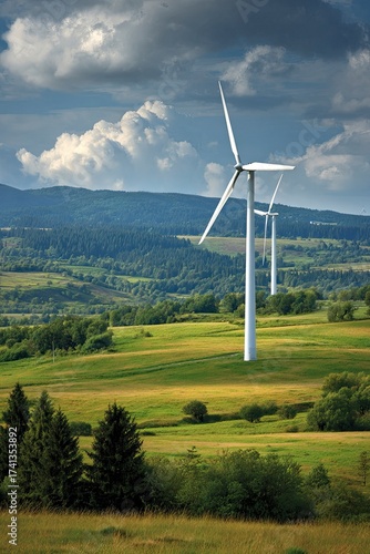 Wind Turbines on Green Hillside with Cloudy Sky in Rural Landscape