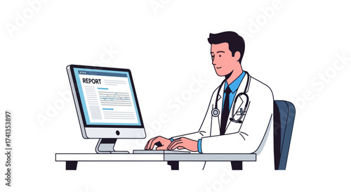 Doctor in white coat typing on computer at desk with report on screen.