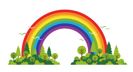 Ingelijste posters Regenboog Cartoon regenboog boven bomen met vogels  © Rizal