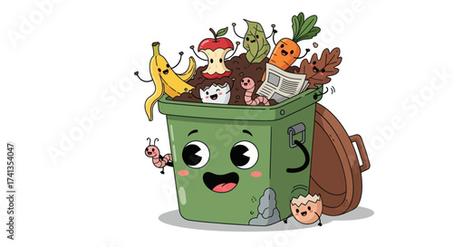Cartoon Green Compost Bin Overflowing with Food Waste Characters.