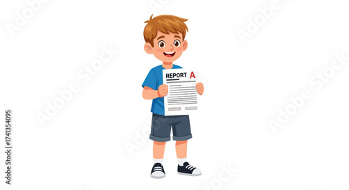 Happy Young Boy Proudly Holding Up His School Report Card.