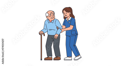 Caring female nurse assisting elderly man with walking cane providing support and companionship.