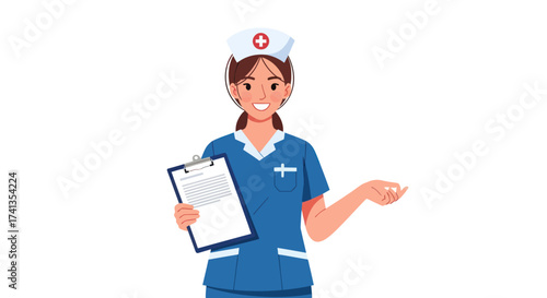 Smiling Nurse in Blue Uniform Holding Clipboard.
