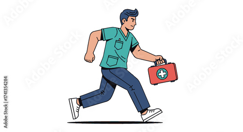 Running Medical Professional Carrying First Aid Kit.