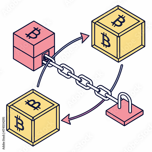 Conceptual illustration of bitcoin blockchain technology with interconnected blocks representing transactions secured by a chain and padlock symbol