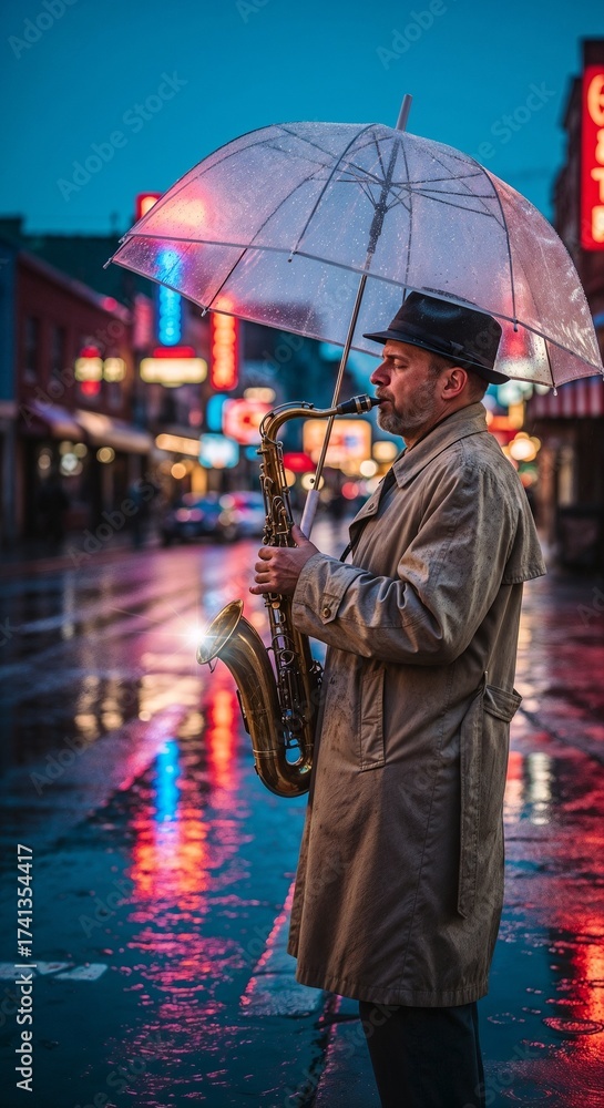 Fototapeta premium Atmospheric shot of a lone saxophonist playing jazz in the rain on a city street at night, with vibrant neon lights reflecting on the wet pavement.
