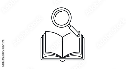 Simple line art icon of a magnifying glass hovering over an open book for research and study.