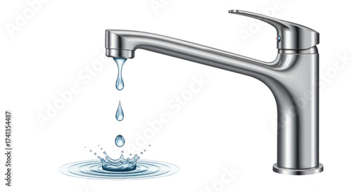 Modern Silver Faucet Dripping Water with Splash.