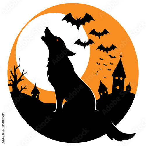 Silhouette of a dog howling on a full moon night, transparent background, Halloween illustration