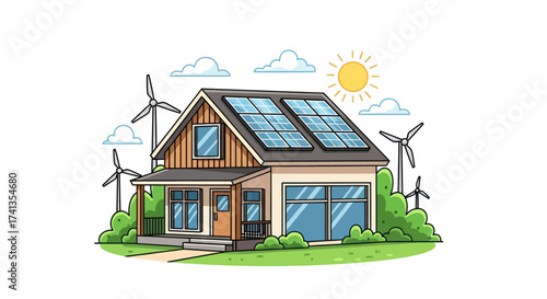 Eco-friendly house with solar panels and wind turbines generating clean energy.