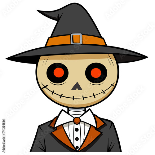 Scarecrow head wearing a luxury suit and hat, transparent background, Halloween illustration