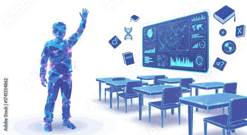 Futuristic Digital Human Teacher in a Virtual Classroom with Interactive Screen.