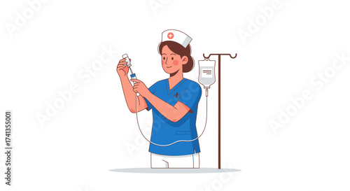 Female Nurse Preparing Syringe with IV Pole Illustration.