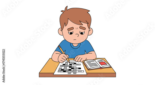 Young boy concentrating on a crossword puzzle at a desk.