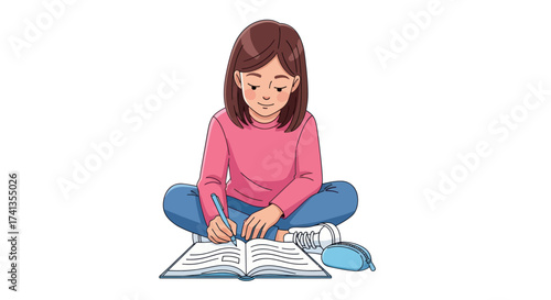 Girl with Brown Hair Writing in a Notebook Cross-Legged on the Floor.