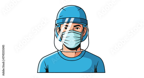 Healthcare worker wearing blue cap face shield and surgical mask illustration.