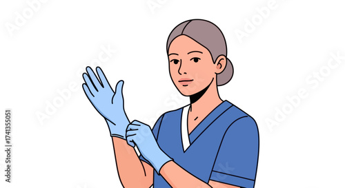 Female Healthcare Professional Putting on Medical Gloves.