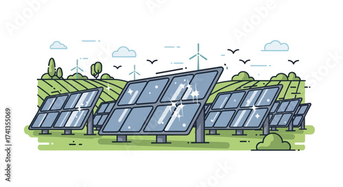 Array of Solar Panels in a Green Field with Wind Turbines.