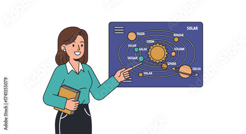 Female Teacher Explaining Solar System Diagram with Pointer and Book.