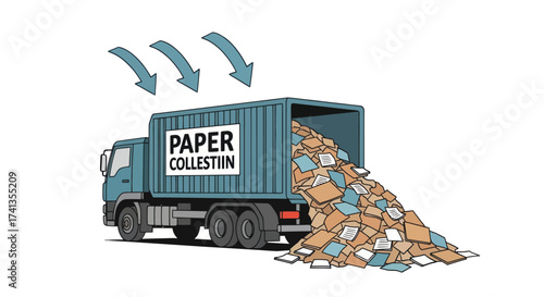 Truck collecting overflowing pile of paper waste for recycling.