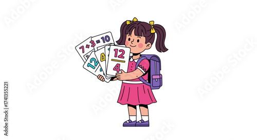 Cartoon Girl with Backpack Holding Math Flashcards.