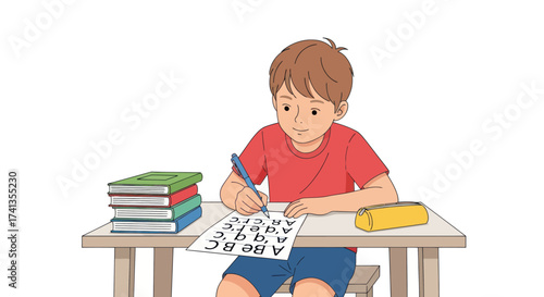 Young Boy Learning to Write ABCs at Desk with Books.