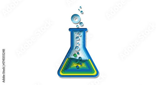 Blue and Green Chemical Flask with Bubbles Illustration.