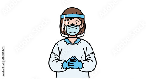 Cartoon Healthcare Worker in Full PPE with Face Shield and Mask.