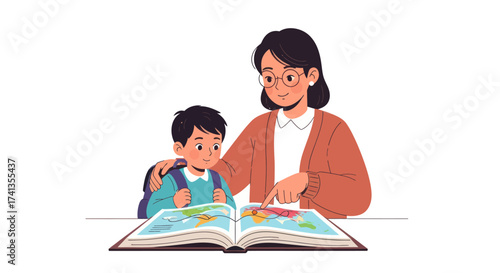 Teacher Guiding Young Student While Studying a Map.