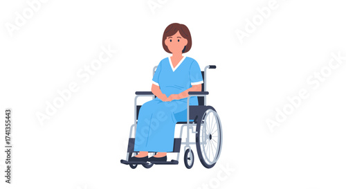 A smiling woman with brown hair wearing a blue patient gown sits in a wheelchair.