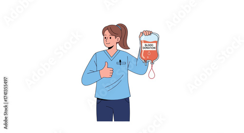 Smiling Nurse Holding Blood Bag with Thumb Up Gesture.