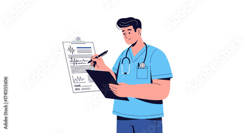 Doctor Writing on Clipboard with Stethoscope Medical Professional Taking Notes.