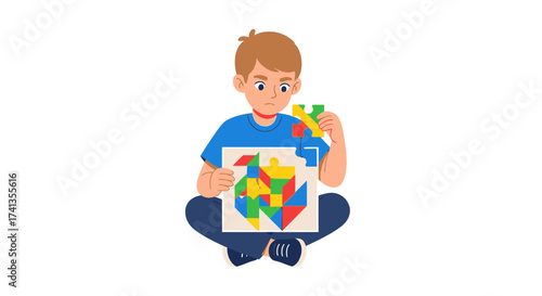 A young cartoon boy sitting cross-legged on the floor assembling a colorful jigsaw puzzle.