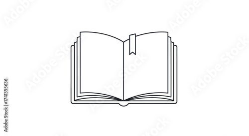 Open book with bookmark simple line art illustration.