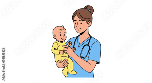 Caring Female Medical Professional Holding a Happy Baby.