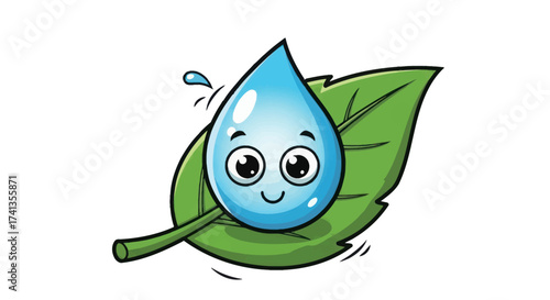 Cute Cartoon Water Droplet Character Resting on a Green Leaf.