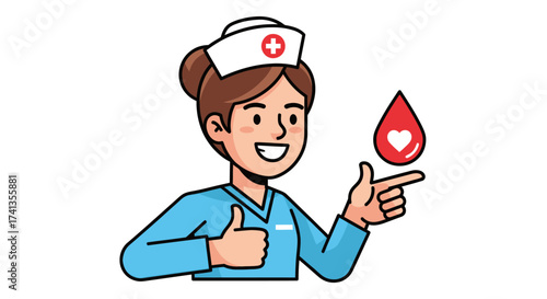 Cheerful Nurse with Blood Drop Icon and Thumbs Up Gesture.