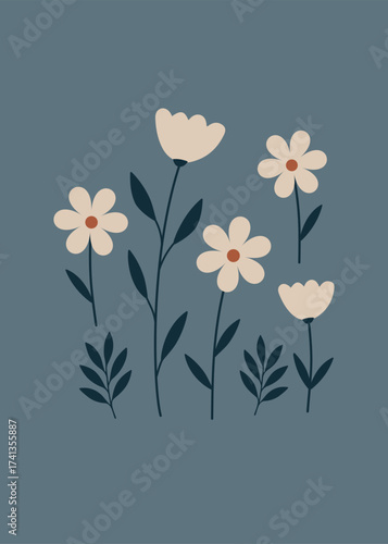 minimalist and modern floral art, organic, scandinavian. neutral colors orange, white, blue background, plants, leaves, garden, decoration