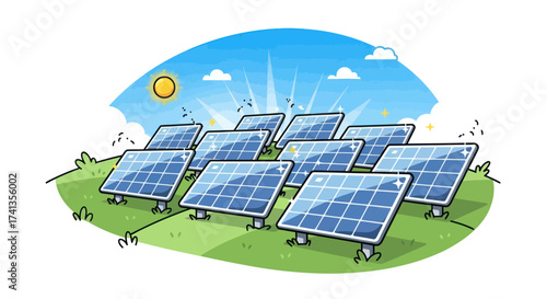 Cartoon illustration of a solar panel farm generating renewable energy on a sunny green hill.