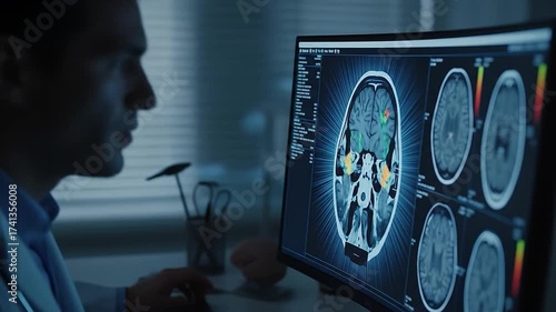 Doctor Analyzes Brain Scan on Monitor, Medical Professional Examining Patient's MRI