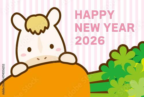 2026年の年賀状、馬と人参、午年の干支の年賀状素材、白馬