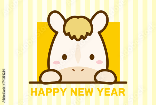 2026年の年賀状、馬と賀詞、午年の干支の年賀状素材、黄色