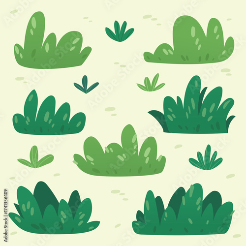 Isolated Green Bush and Grass Vector — Cartoon Nature Element for Garden Decoration for Kid Theme