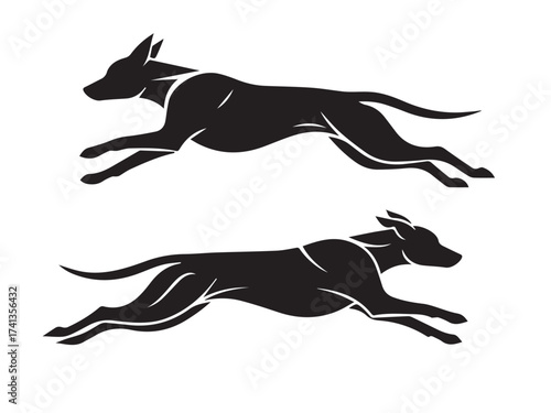 Dynamic dog silhouette illustration isolated on white background, capturing the energy and grace of a running canine with sleek lines and a sense of motion