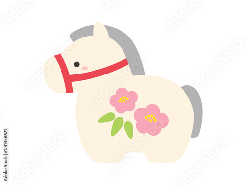 かわいい馬の土鈴、年賀状素材、2026年、午年の干支のイラスト素材