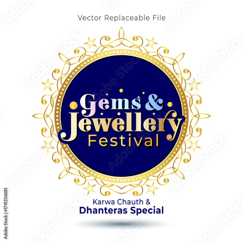 Gold coins with gems and jewellery festival logo and luxury vintage design for karwa chauth and dhanteras.