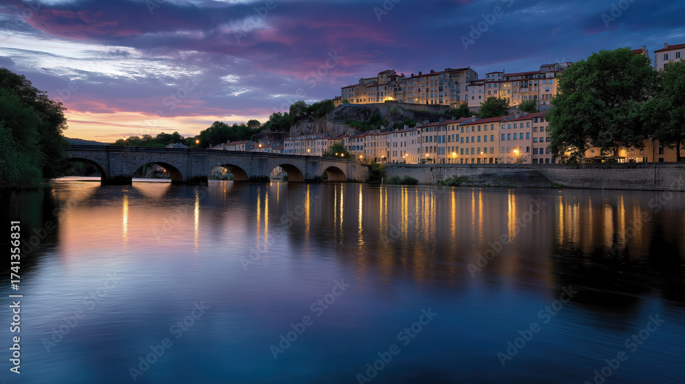 Naklejka premium Scenic view of Lyon under evening sky with reflections in river