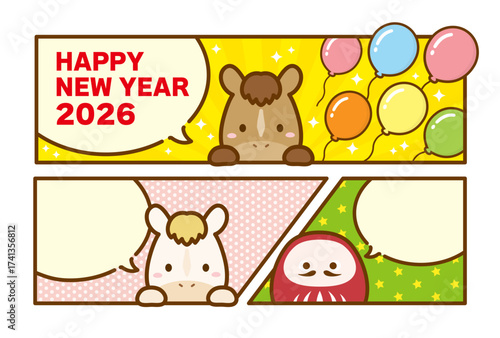2026年の年賀状、馬と白馬とダルマ、午年の干支の年賀状素材、コミック、漫画風デザイン