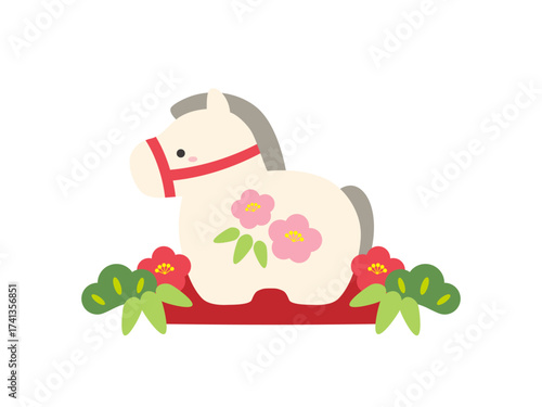 かわいい馬の土鈴、年賀状素材、2026年、午年の干支の挿し絵